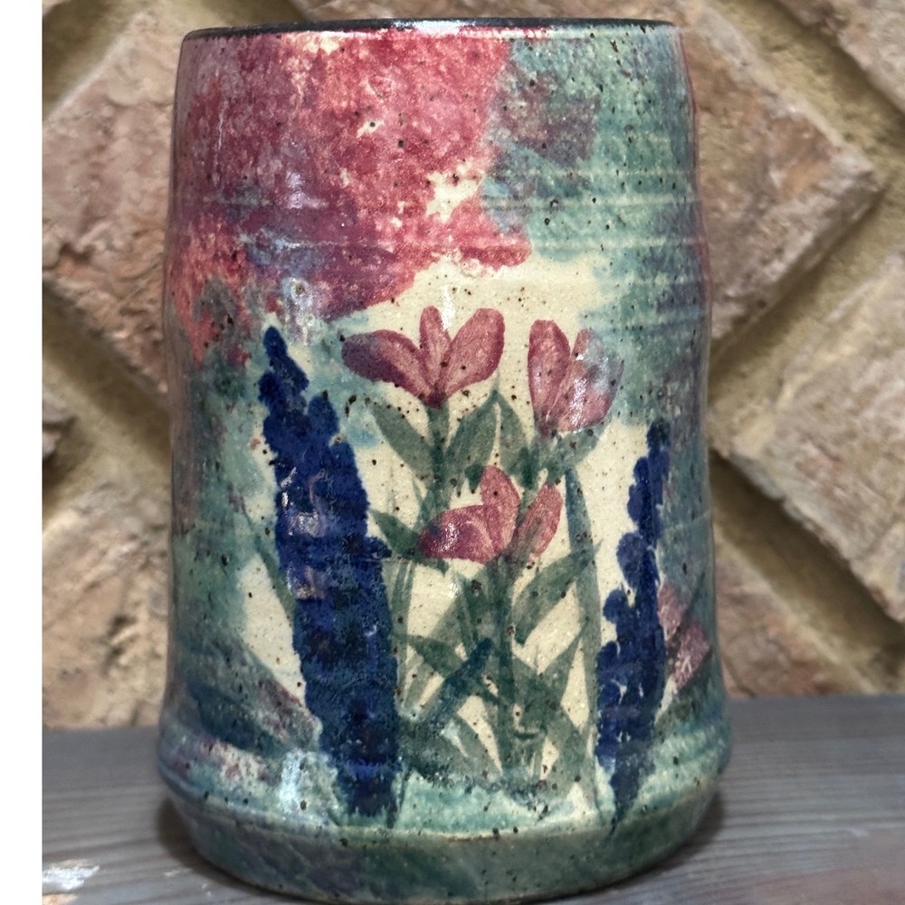 Vintage Malsnee Pottery 2003 Studio Art Cup Hand Painted Floral Folk Art Signed
